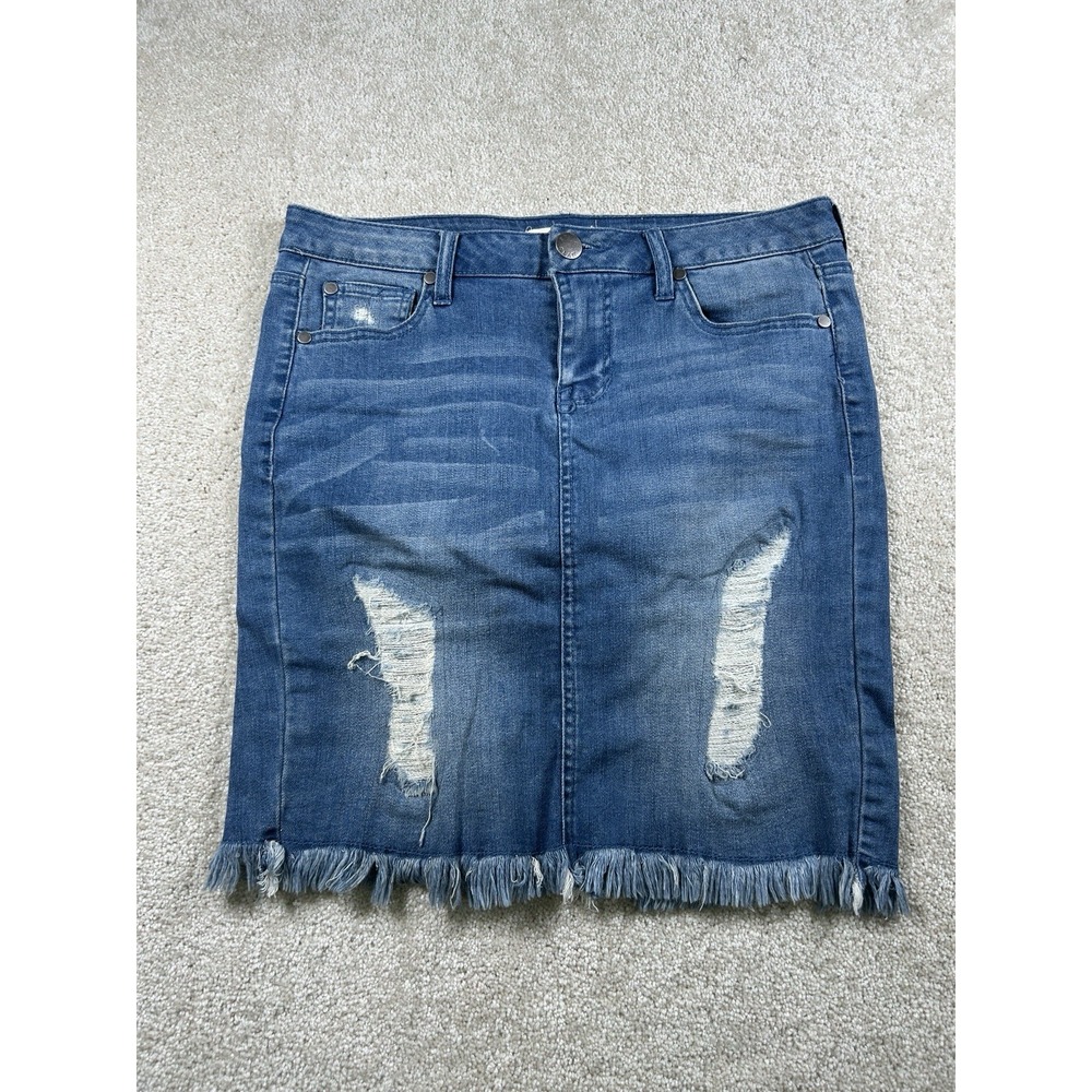 Elan Womens Size M Blue Jean Denim Skirt Distressed Raw Hem
